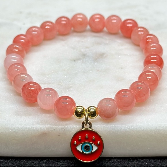 Pink Jade Bracelet - Evil Eye Charm Bracelet - Picture 2 of 3